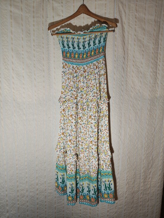 Zesica Dresses & Skirts - Bohemian Strapless Floral Maxi Dress in Turquoise & White